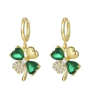 18K Gold Plated Four Leaf Clover Drop Earrings Green Gems Good Luck Gift Ready